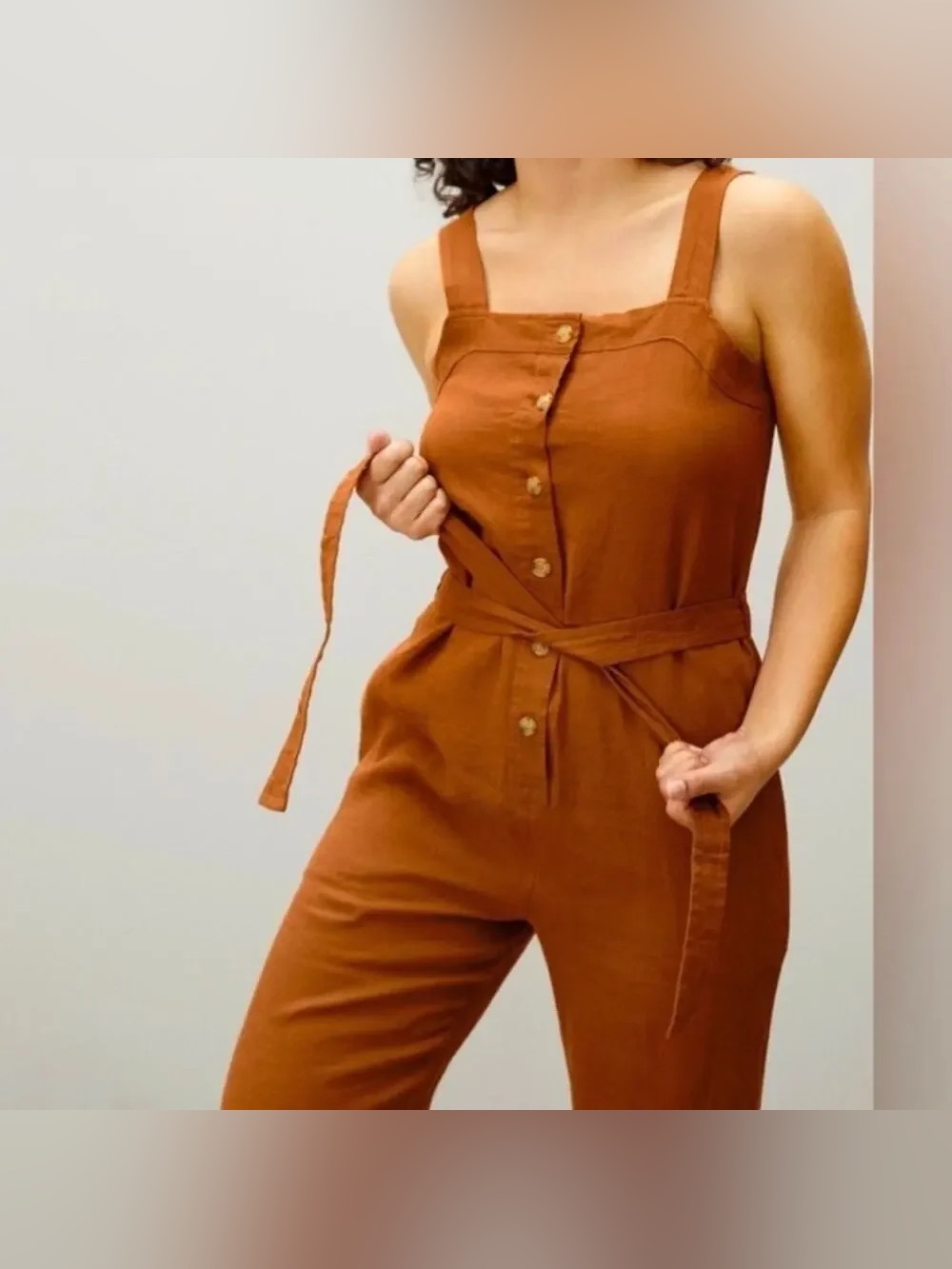 💯Linen Everlane Rust Brown Button-Front Sleeveless Jumpsuit with Waist Tie